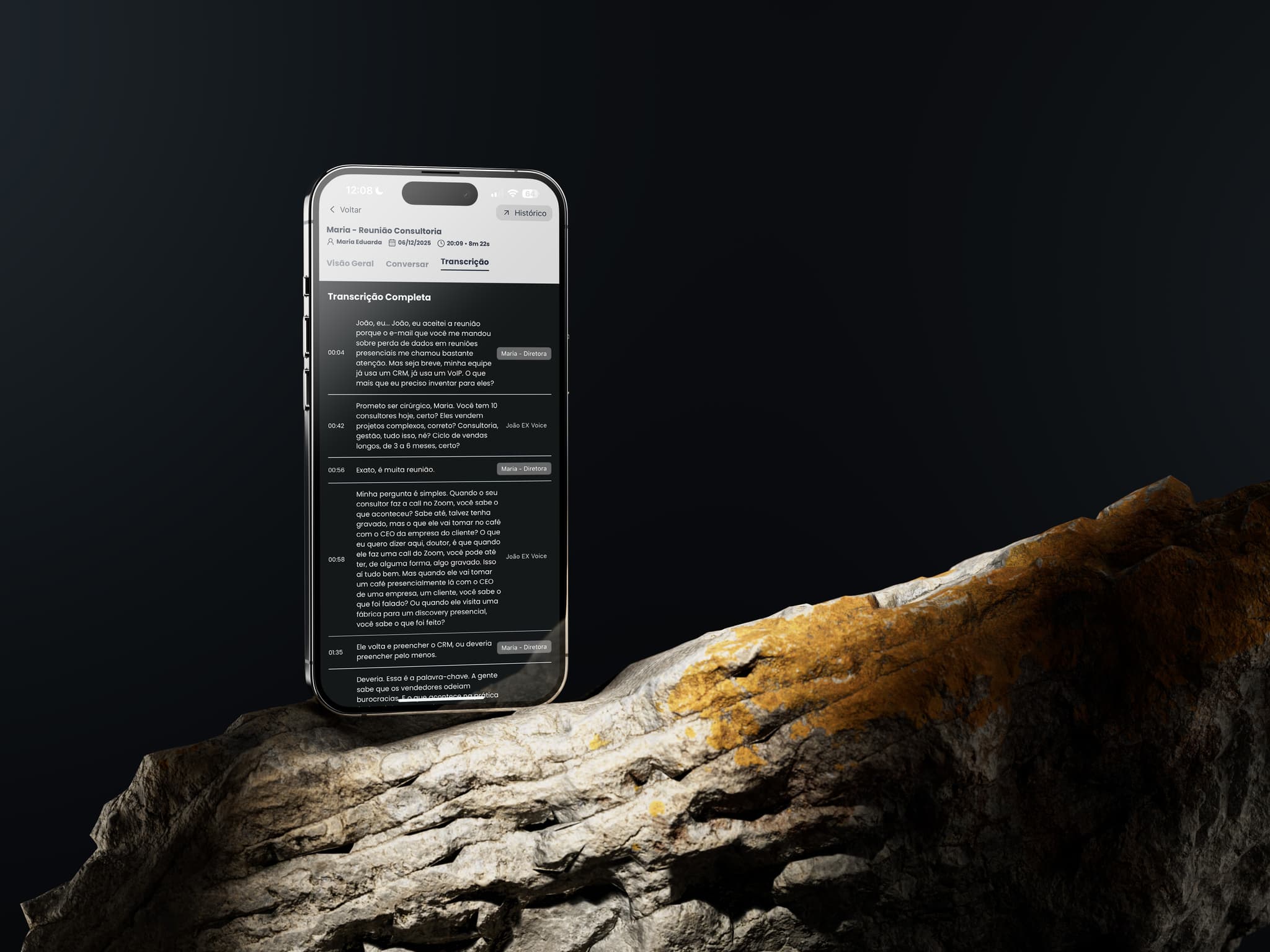 Dashboard web exibindo o resumo estruturado da reunião